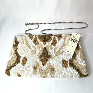 NWT - Anthropologie Beaded Evening Bag – Ivory, Gold & Bronze with Chain Strap